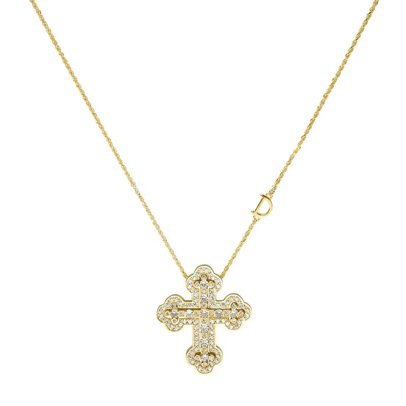 925 Sterling Silver Plating 24K Yellow Detachable Double Cross Pendant Necklace for Unisex Wavy Chain Japanese Jewelry