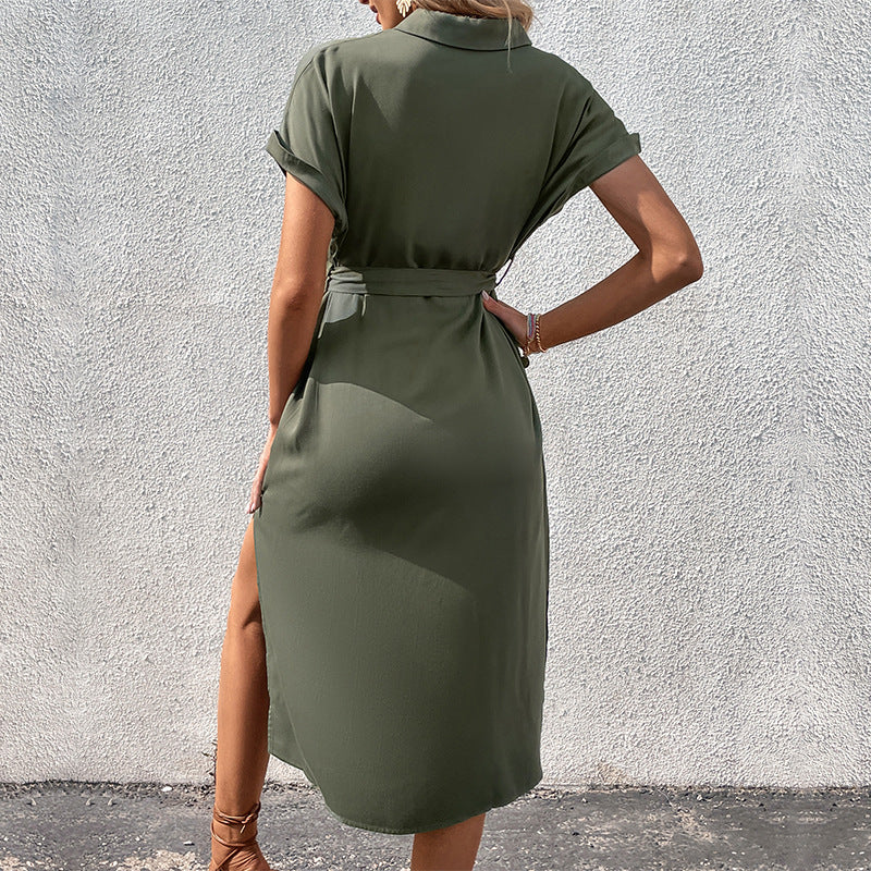 Summer Short Sleeve Long Dress with Button Pocket Design Fashion Lace-Up Turn down Collar Womens Clothing