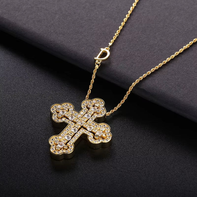 925 Sterling Silver Plating 24K Yellow Detachable Double Cross Pendant Necklace for Unisex Wavy Chain Japanese Jewelry
