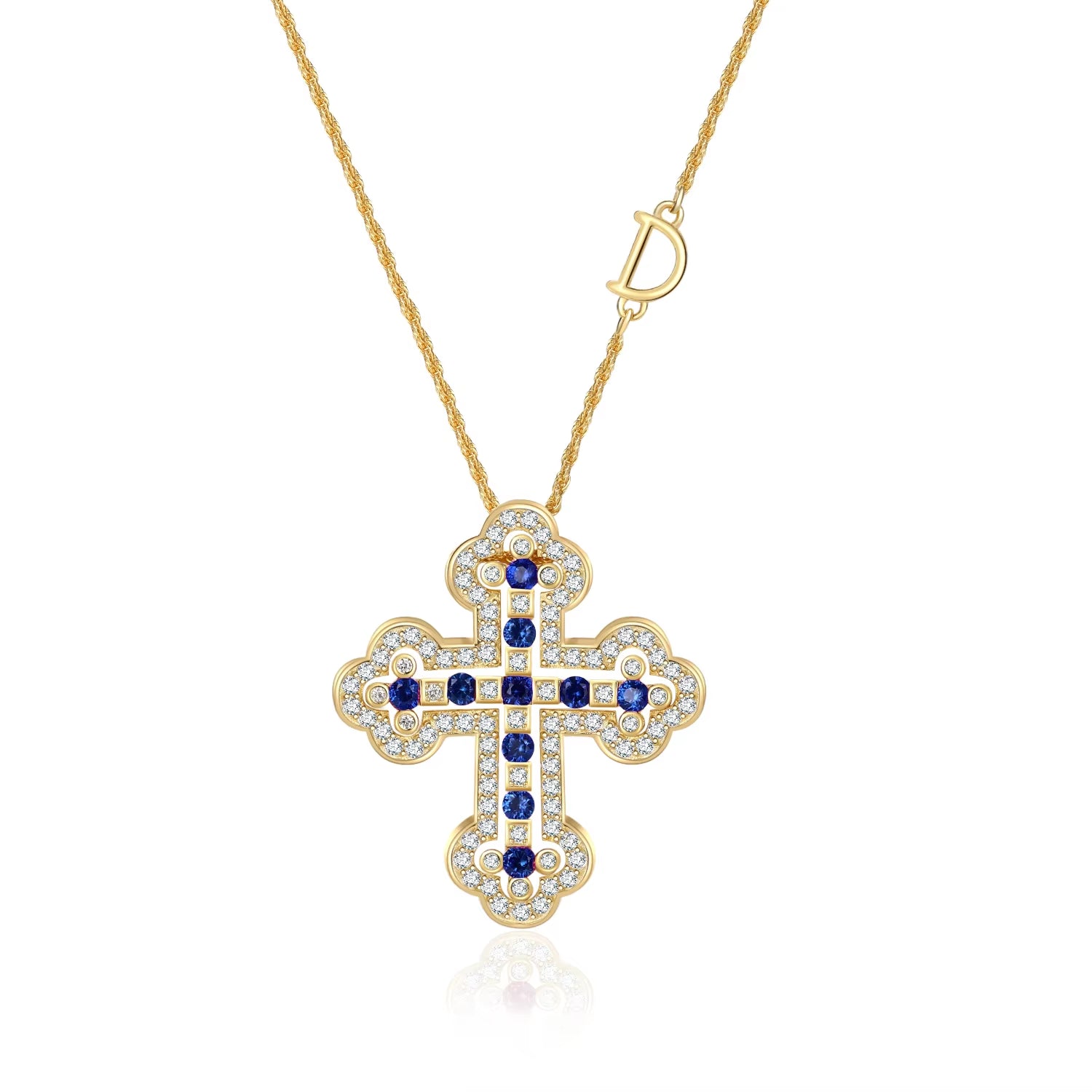 925 Sterling Silver Plating 24K Yellow Detachable Double Cross Pendant Necklace for Unisex Wavy Chain Japanese Jewelry