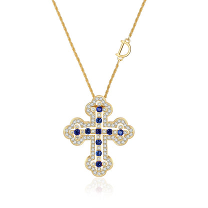 925 Sterling Silver Plating 24K Yellow Detachable Double Cross Pendant Necklace for Unisex Wavy Chain Japanese Jewelry