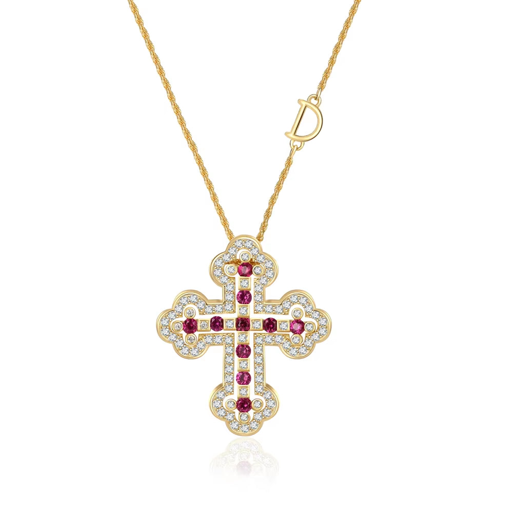 925 Sterling Silver Plating 24K Yellow Detachable Double Cross Pendant Necklace for Unisex Wavy Chain Japanese Jewelry