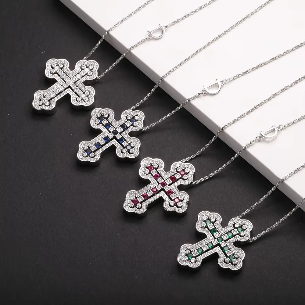 925 Sterling Silver Plating 24K Yellow Detachable Double Cross Pendant Necklace for Unisex Wavy Chain Japanese Jewelry