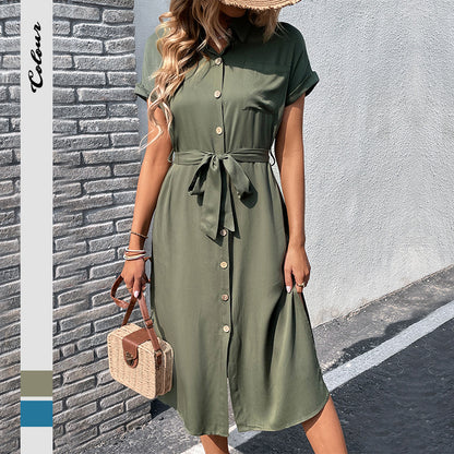 Summer Short Sleeve Long Dress with Button Pocket Design Fashion Lace-Up Turn down Collar Womens Clothing