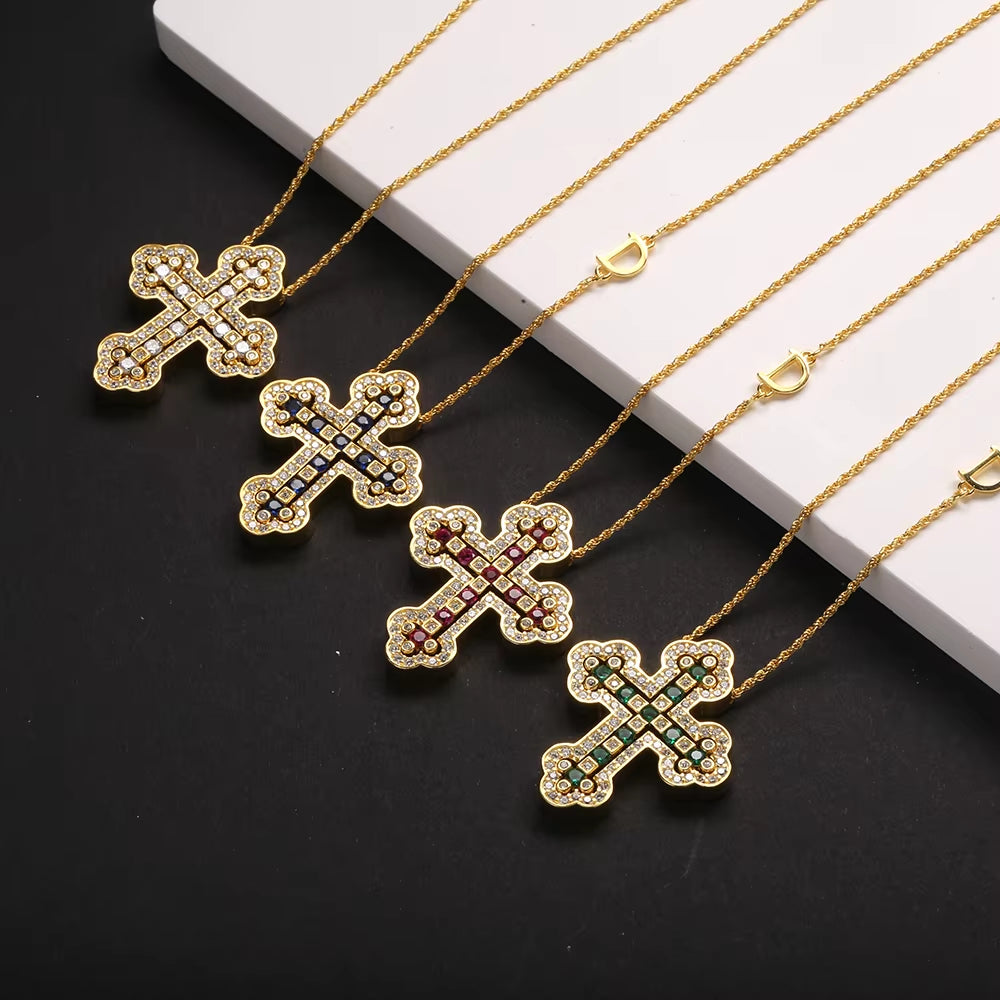 925 Sterling Silver Plating 24K Yellow Detachable Double Cross Pendant Necklace for Unisex Wavy Chain Japanese Jewelry