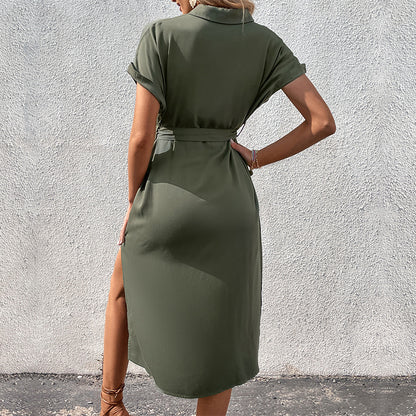 Summer Short Sleeve Long Dress with Button Pocket Design Fashion Lace-Up Turn down Collar Womens Clothing