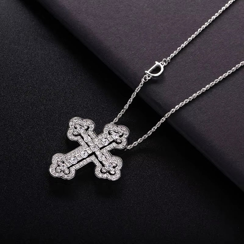 925 Sterling Silver Plating 24K Yellow Detachable Double Cross Pendant Necklace for Unisex Wavy Chain Japanese Jewelry
